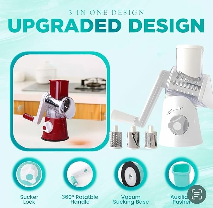 Rotary Cheese Grater Hand Crank with handle - Upgraded strong suction, changeable blades, handheld kitchen aid 3-in-1 Cheese Shredder. Kitchen Rotary Grater Slicer for Fruit, Vegetables, Nuts