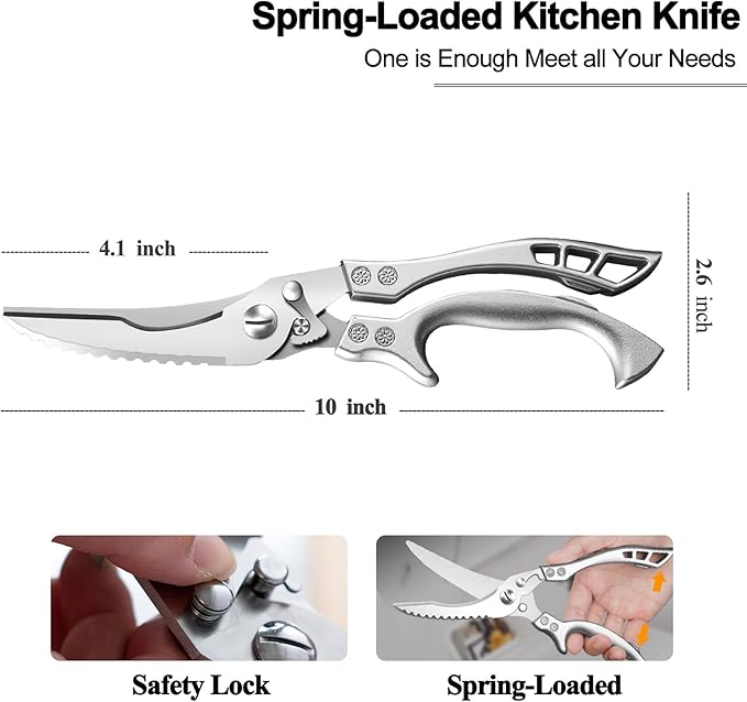 Poultry Shears Heavy Duty Professional, Multipurpose Kitchen Shears with Sheath, Spring-Loaded Stainless Steel Chef Scissors Cutting Bone, Chicken, Fish, Food, Meat, Full Steel Handle Silver