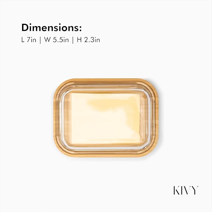 KIVY Large Butter Dish with Lid - Fits 2 Butter Sticks and Wider Sizes (Kerrygold, European Styles, Eastern, Western) - 2 Stick Butter Dish - Glass & Bamboo