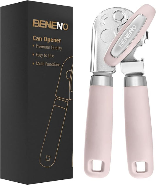 Beneno Can Opener Manual with Magnet, Hand Held Heavy Duty Can Opener with Durable Sharp Blade Smooth Edge, Big Effort-Saving Knob, Soft Grip Rubber Handle, Multifunctional Bottle Opener, Light Pink