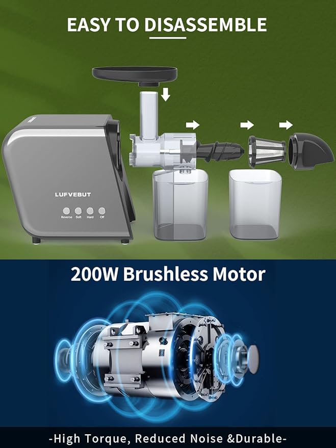 Juicer Slow Masticating for Tomato Ginger Wheatgrass Celery Beets, Home Kitchen Cold Press Juicer Machine for Fruits and Vegetables, Extractor de Jugos Y Vegetales, BPA Free, Easy Clean, Quiet Motor