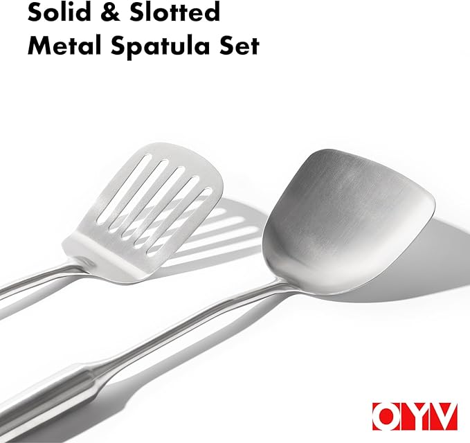 18/10 Stainless Steel Spatula Set - 15" Metal Spatulas for Kitchen Use, 1 Slotted Spatula + 1 Solid Turner, Heat Resistant Metal Cooking Utensils, Dishwasher Safe, Silver