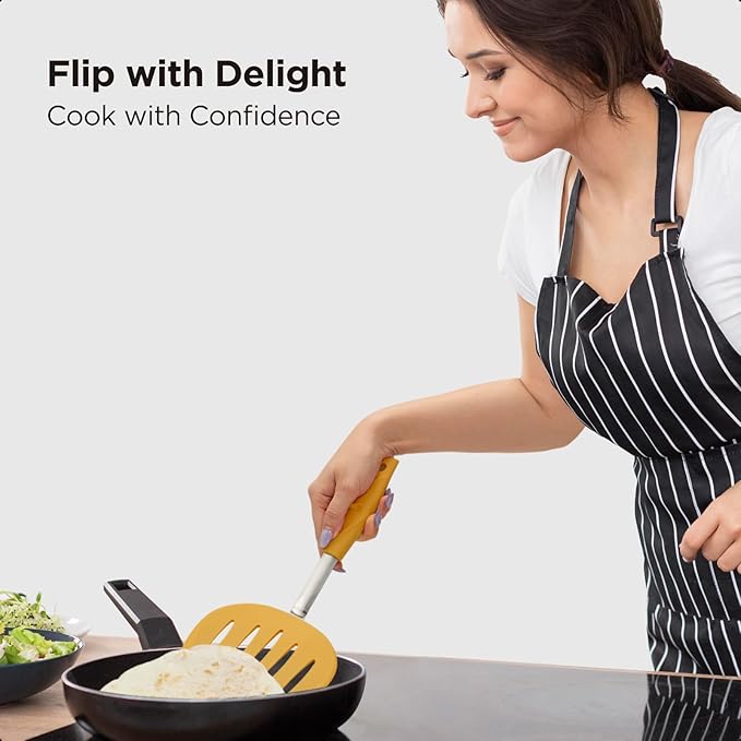 Kitchen Mama WaltzGrip Platinum Silicone Pancake Spatula Turner: Heat-Resistant, Slotted Tapered Head, Stainless Steel Core, Durable, Dishwasher-Safe, Ideal for Flipping and Wok Use (Yellow)