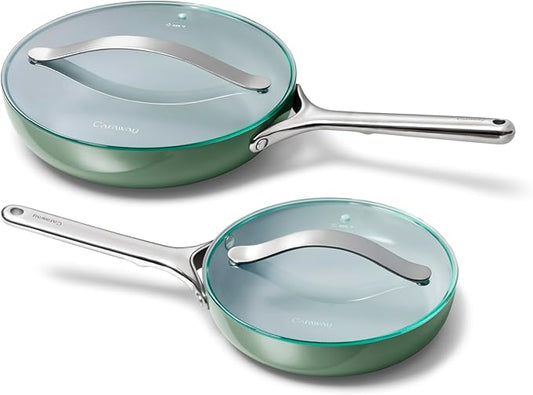 Caraway Ceramic Fry Pan Duo with Glass Lids - Non-Stick Frying Pans (10.5” & 8”) - Non Toxic, PTFE & PFOA Free - Oven Safe & Compatible with All Stovetops – Sage