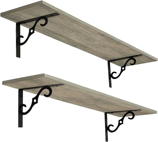 DINZI LVJ Long Wall Shelves, 23.6 Inch Large Floating Shelves Set of 2, Wide Display Shelf Wall Mounted with Brackets, Easy Hanging for Living Room, Toilet, Office, Bedroom, Gray Wash
