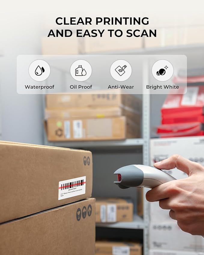 MUNBYN 2x1 Inch Thermal Sticker Labels, Address Barcode Self-Adhesive Label Paper for Direct Thermal Printer and Business, Shipping Mailing Name Rectangle White Stickers, 12000 Sheets/12 Rolls