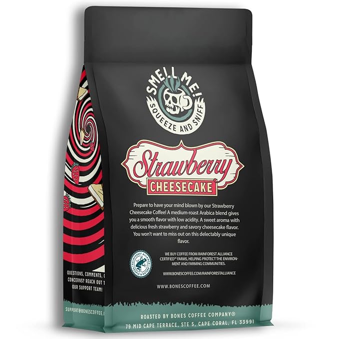 Bones Coffee Company Strawberry Cheesecake Flavored Coffee, Medium Roast Low Acid Arabica Beans Compatible with Auto drip and French Press Coffee Maker, 12 Oz Ground