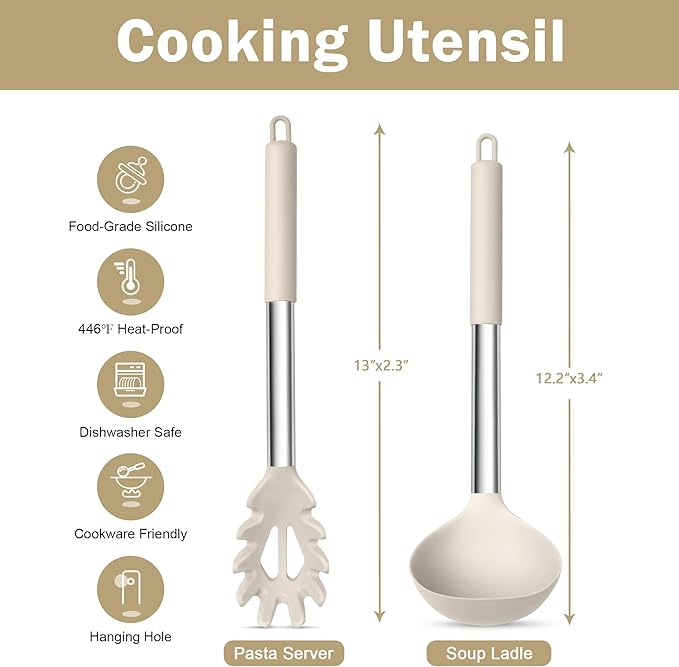 TeamFar Silicone Soup Ladle and Pasta Fork Set, 2 Pcs Large Nonstick Kitchen Cooking Utensils with Stainless Steel Handle for Draining, Serving Soup, Sauce, Spaghetti, Non-Toxic & Heat-Proof, Khaki