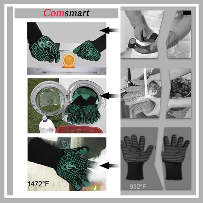Comsmart BBQ Gloves, 1472 Degree F Heat Resistant Grilling Gloves Silicone Non-Slip Oven Gloves Long Kitchen Gloves for Barbecue, Cooking, Baking, Cutting