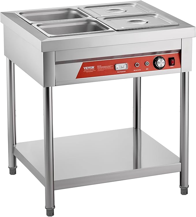 VEVOR 4-Pan Commercial Food Warmer, 4 x 1/2 Pans Electric Steam Table, 1500W Professional Buffet Catering Food Warmer with Undershelf, Stainless Steel Server for Restaurant Party Hotel