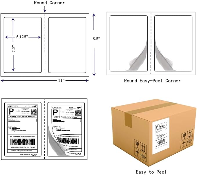 RyhamPaper Shipping Labels with Round Corner, 8.5 x 5.5 Inches Half Sheet Self Adhesive Shipping Address Labels for Laser and Inkjet Printer, 1000 Labels