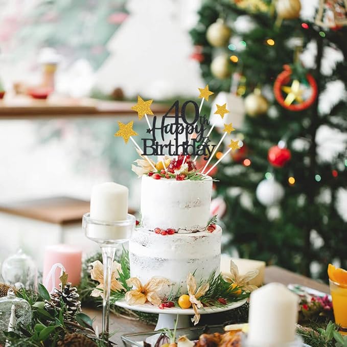 Glittery 40th Happy Birthday Cake Topper with Star,Personalised 40 Birthday Cake Toppers Party Decorations Party Supplies for Men Women Black Gold