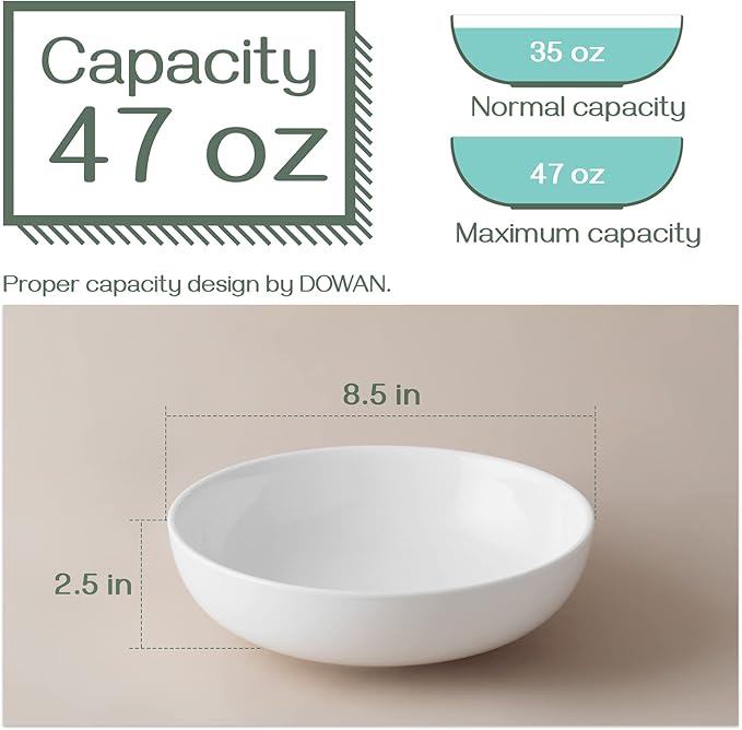 DOWAN Pasta Bowls 47 oz, Large Salad Bowls 2.5" Deep Soup Bowls, Porcelain Serving Bowls Set of 4, Big Kitchen Dinner Bowl Plates Pasta Plates, Microwave & Dishwasher Safe, Creamy White