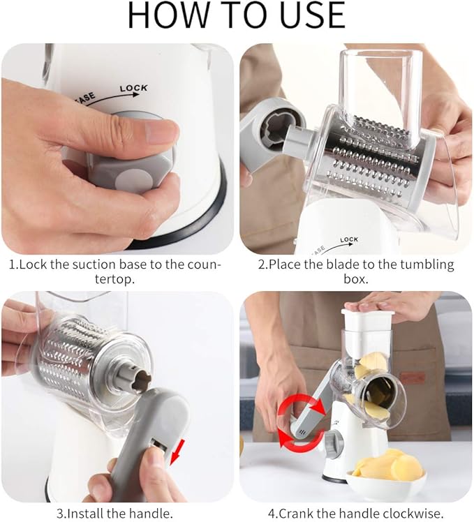 Cambom Rotary Cheese Grater Hand Crank Cheese Shredder for Fresh Cheese, Vegetable, Nuts,Non-slip Suction Base, Free Cleaning Brush Three Blades, White