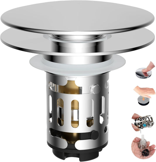 Hibbent Upgraded 3 in 1 Bathroom Sink Drain Strainer, Universal Pop Up Sink Stopper with Big Push Cap, Anti-Clogging Metal Filter Basket,Sink Plug with Hair Catcher for 1.1''~2.36'' Basin, Chrome