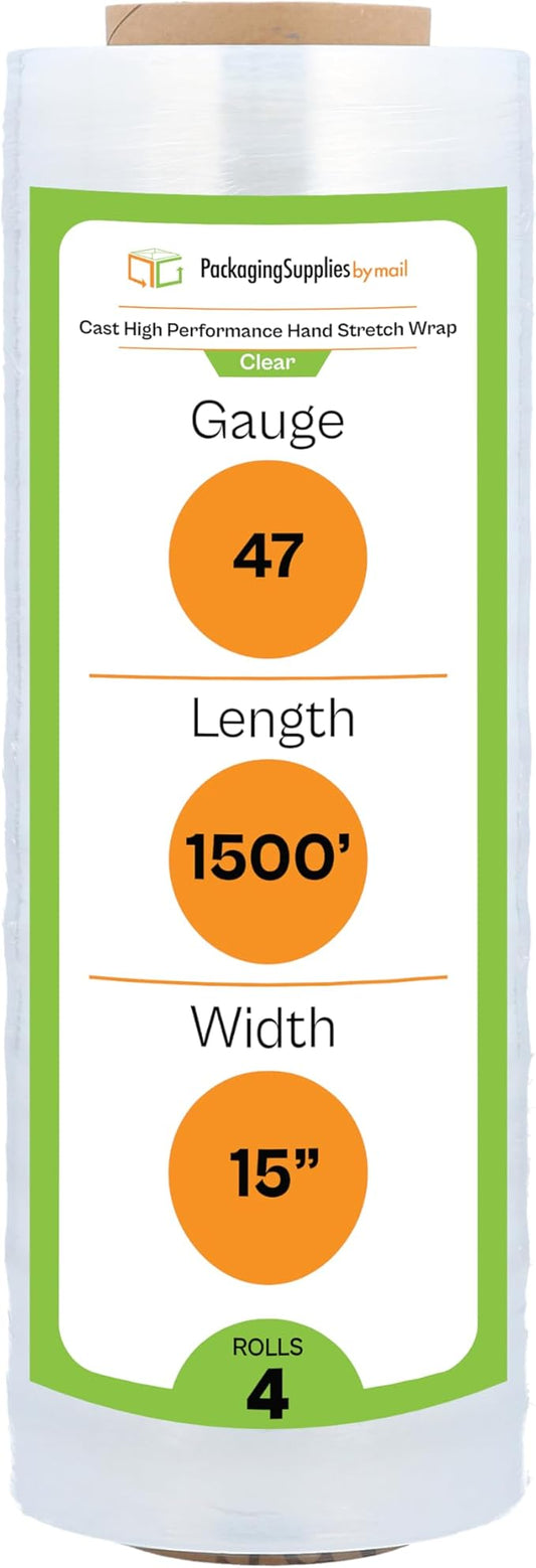 PSBM Stretch Wrap for Packing, 4 Pack of 15 Inch x 1500 Feet, 47 Gauge, High Cling Moving Stretch wrap, Cast Hand Stretch Film Moving wrap Rolls, Strong Plastic Wrap for Moving