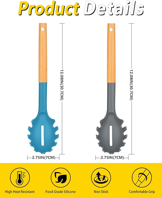 Pack of 2 Spaghetti Spoon, Silicone Pasta Fork with Wooden Handle, Heat Resistant Noodle Spoon Server, BPA Free Spaghetti Strainer(GRAY-BLUE)