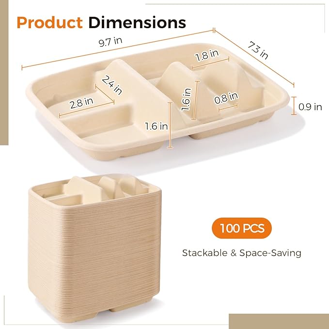 100 PCS Taco Plates Disposable, Bagasse Pulp 2-Slot Taco holder with Side Compartments, Safe Plant Fiber Tray for Taco Tuesday, Party, Sandwich, Hot Dog, Sauce & Snack Serving (With Compartments)