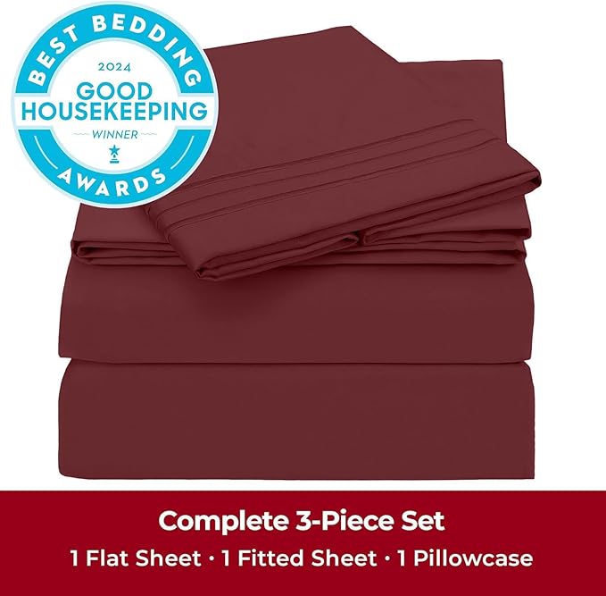 Mellanni Twin XL Sheets Set - 3 PC Iconic Collection Bedding - Hotel Luxury, Extra Soft, Cooling Bed Sheets - Wrinkle, Fade, Stain Resistant (Twin Extra Long, Burgundy)