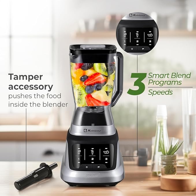 Koblenz Professional Blender, Countertop Blender for Shakes and Smoothies with 3 Speeds, 1200-W Motor, 68 Oz. Capacity, Super Silent Operation, Includes Tamper Accessory, Black/Chrome, LKM-9406