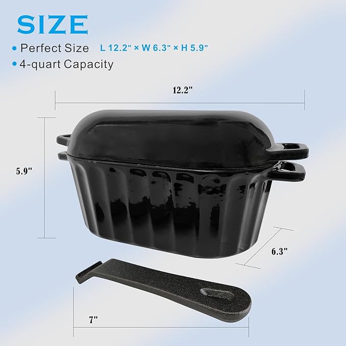 Dutch Oven Enameled Cast Iron Bread Pan with Lid Sourdough Loaf Pans for Baking Bread Large Heavy Oval Bread Dutch Oven with Movable Handle 4 Qt Black Dishwasher Safe