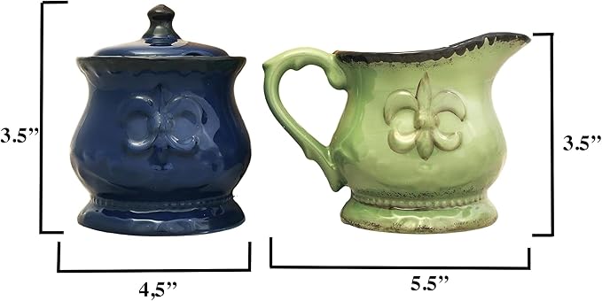 ACK Tuscany Colorful Ceramic Hand Painted Fleur De Lis Cream & Sugar Set of 2pcs