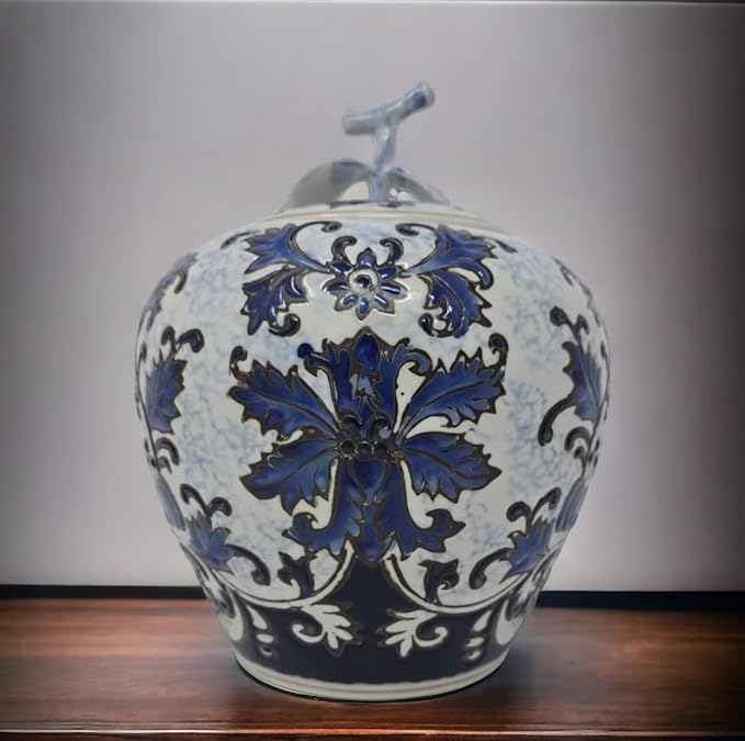 Festcool Blue and White Ceramic Flower Ginger Leaf Lid Jar Vase, Sugar Canister, Sugar Container, Tea Container, Hand-crafted Jingdezhen China