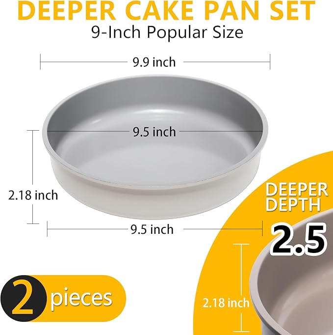 9.5 Inch Round Cake Pan Set of 2,Cast Aluminum Bakeware Ceramic Nonstick Oven and Dishwasher Safe(Beige)