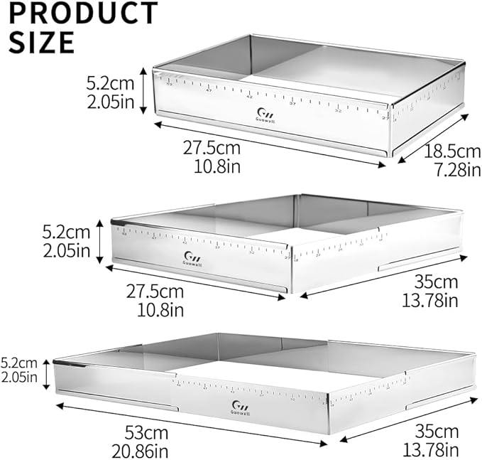 Guowall Extensible Stainless Steel Square Cake Mold Heavy Duty Adjustable Mousse Ring Rectangle Shaped Detachable Mousse Cake Cutter, Pastry DIY Baking Tool - 10 * 7in