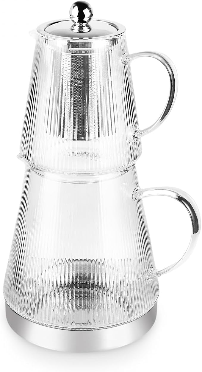 Karaca Keops XL Borosilicate Glass Teapot with Infuser and Lid for Stovetop, Transparent Silver, 1L Tea Pot & 2L Tea Kettle Set for Loose Leaf & Herbal, Dishwasher Safe