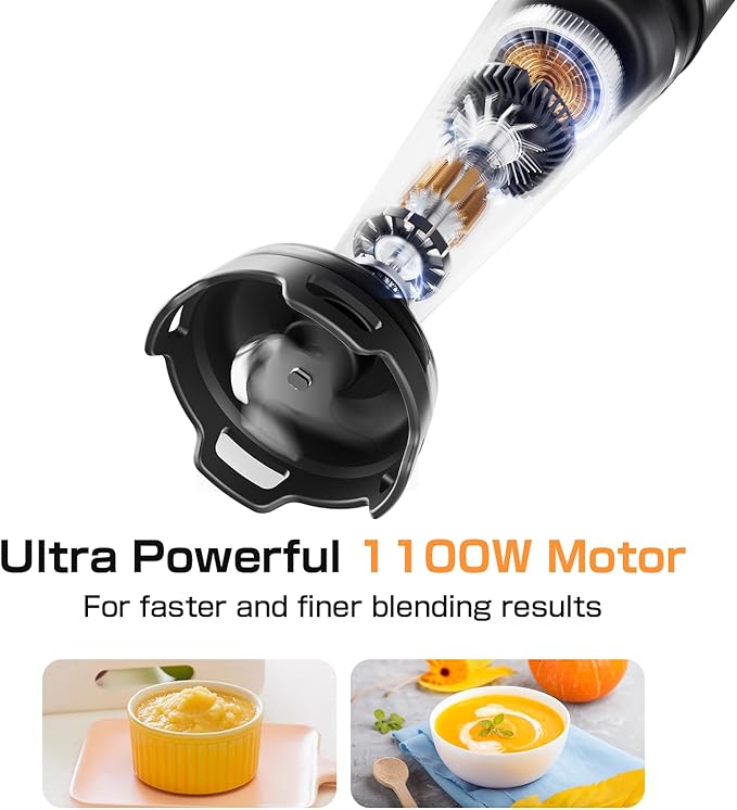 Immersion Blender Handheld 1100W - 3 in 1 Hand Blenders Set with Trigger Speed Control Stainless Steel Emulsion Stick with Whisk and Milk Frother, Emulsifier for Kitchen for Soup, Smoothie, Puree