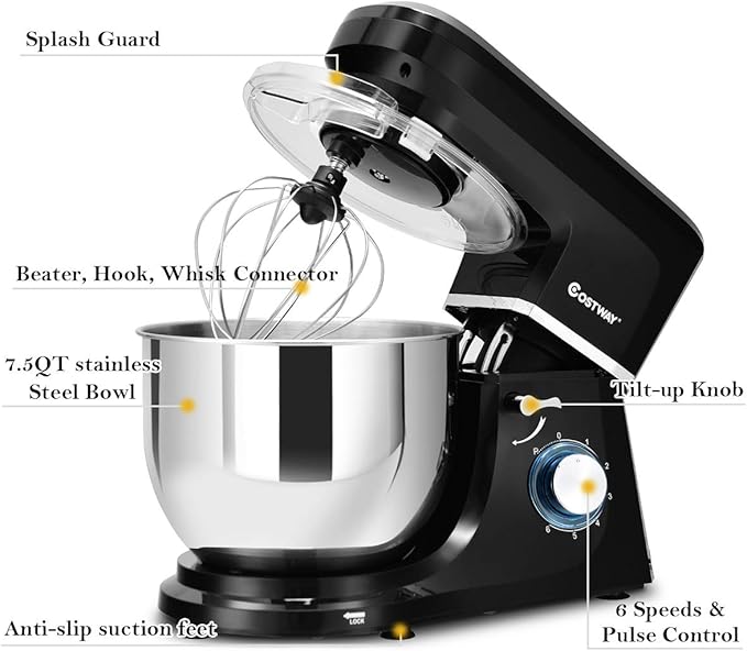 COSTWAY Stand Mixer, 7.5-Quart 660W 6-Speed Electric Mixer with Stainless Steel Bowl, Tilt-head Food Mixer with Dough Hook, Beater, Whisk (Black)