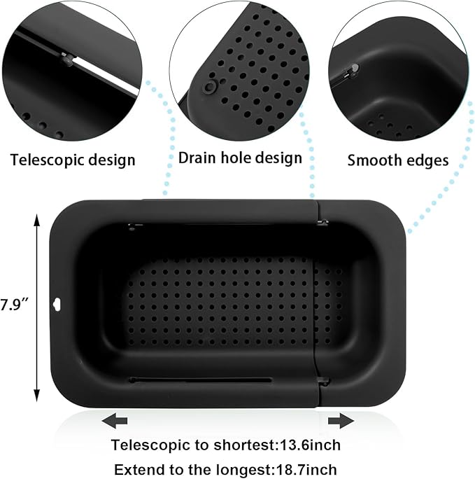 KesaPlan Collapsible Sink Colanders and Strainers Basket Extendable Plastic Fruit Vegetable Strainer Drainer Basket for Kitchen (Length 13.6 inch-18.7 inch) (black)