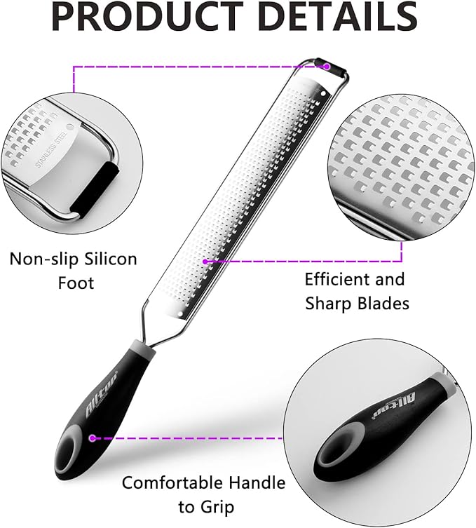 ALLTOP Lemon Zester, Hand-held Stainless Steel Food Grater,Pro Kitchen Tool for Cheese Parmesan Vegetable Ginger Garlic Nutmeg Citrus Lime Orange Chocolate Fruit - Fine Shredder