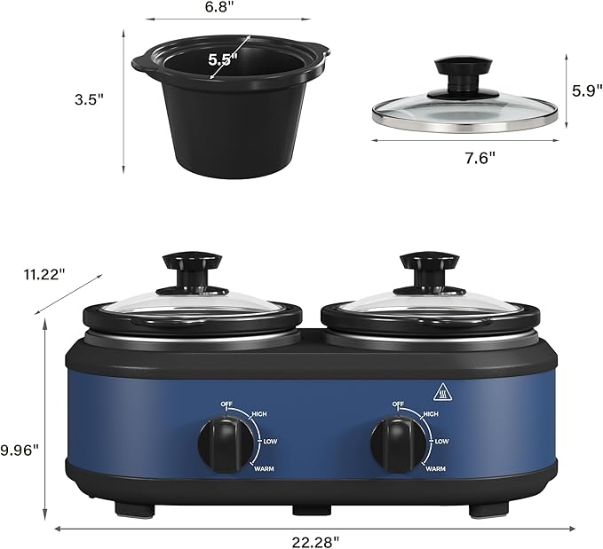 Kiss the Water Dual Slow Cooker, Buffet Server and Warmer with 2 Removable Ceramic Pots, Slow Cooker Food Warmer with 3 Adjustable Temp & 2 Visible Glass Lids, Stainless Steel, 2 x 1.25 QT, Blue