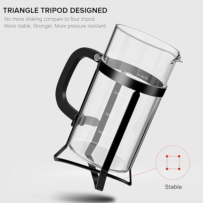 QUQIYSO French Press Coffee Maker 304 Stainless Steel French Press with 4 Filter, Heat Resistant Durable, Easy to Clean, Borosilicate Glass Coffee Press, 100% BPA Free Glass Teapot, 21 ounce, Black