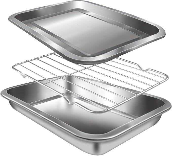 Sheet Pan with Cooling Rack Set [2 Baking Sheets + 1 Baking Rack], Stainless Steel Cookie Sheets for Baking and Wire Rack, Warp Resistant, Heavy Duty, Rust Free, Size 12.4 x 8.46 x 1.77 Inch