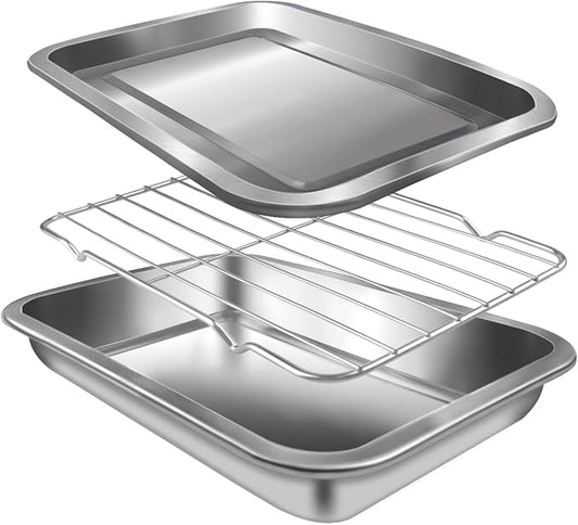 Sheet Pan with Cooling Rack Set [2 Baking Sheets + 1 Baking Rack], Stainless Steel Cookie Sheets for Baking and Wire Rack, Warp Resistant, Heavy Duty, Rust Free, Size 12.4 x 8.46 x 1.77 Inch