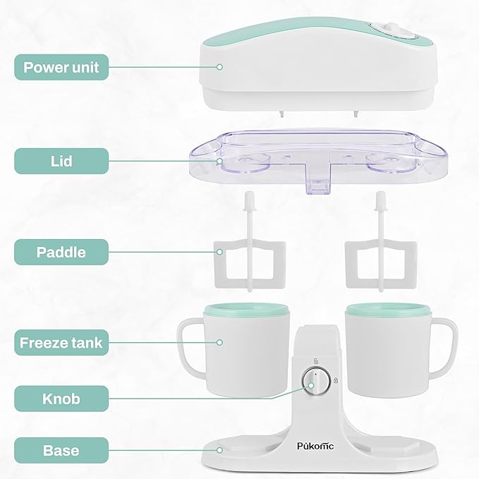 Pukomc Ice Cream Maker Machine for Home Use, with Two Ice Cream Bowls,Simple Operation and Easy to Clean,White Green