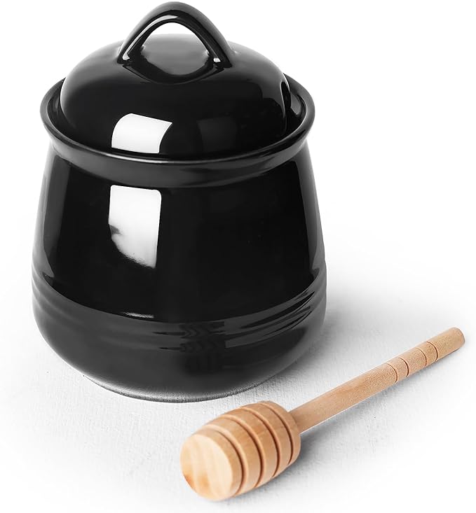 HAOTOP Ceramic Honey pot with Lid and Honey Dipper,Porcelain Honey Jar Easy to Clean and Dishwasher Safe,12oz (Black)