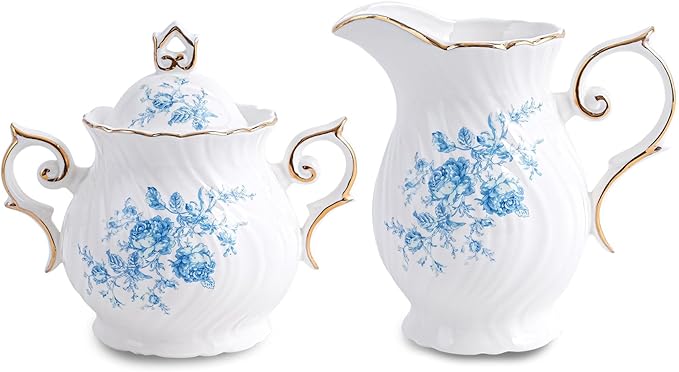 Sugar and Creamer Set Ceramic, Creamer Pitcher and Sugar Bowl with Lid,Sugar Cube Dish Coffee or Tea (White with blue flower)