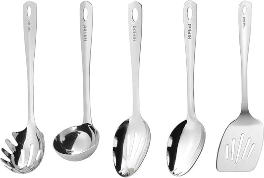 Stainless Steel Cooking Utensils Set, 5PCS Kitchen Utensils Set, Durable Kitchen Gadgets, Ladle, Slotted Turner, Slotted Serving Spoon, Solid Serving Spoon, Pasta Fork