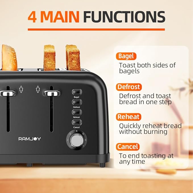 Black Toaster 4 Slice, Dual Independent Controls, Extra Wide Slot Toasters for Bagel, Bread, Waffles, 7 Shade Settings, 4 Main Functions, Removable Crumb Tray, 1500 Watts, Black Stainless Steel