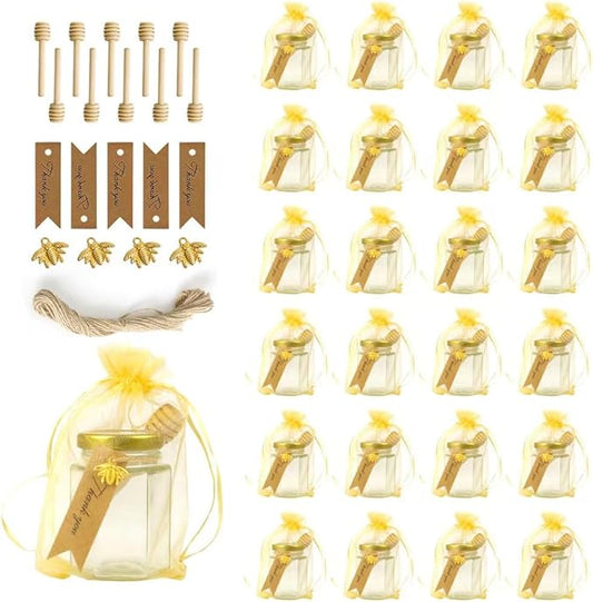 24 Pack 4oz Glass Hexagon Honey Jars Golden Lids -Wooden Honey Dipper, Bee Charms, Tag String, Gold Gift Bags, Thank You Gift Tags, Wedding Favors Baby Shower Party (Gold 24 bags)