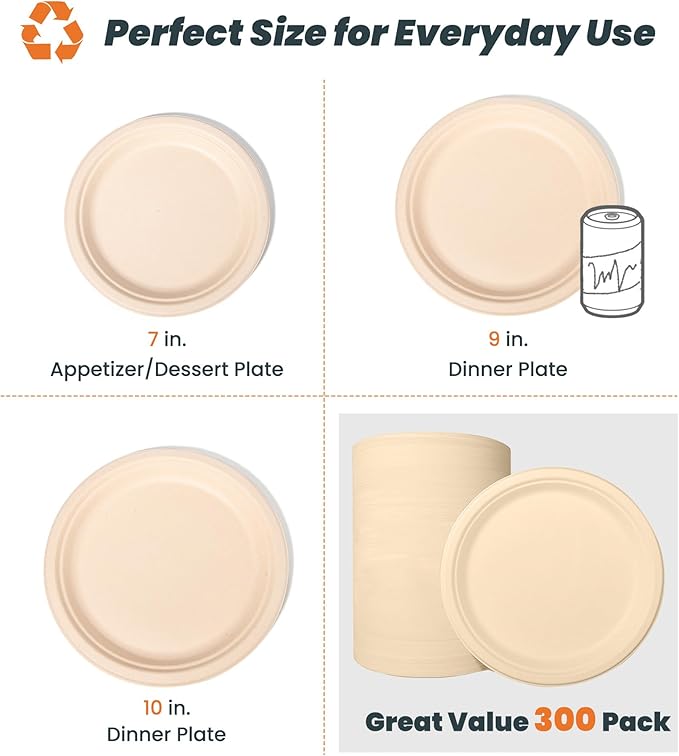 100% Compostable Paper Plates - 10 Inch, Bulk 300 Count - Disposable, Heavy Duty, Biodegradable Plates Made of Bagasse - Eco-Friendly, Large Size (Natural)