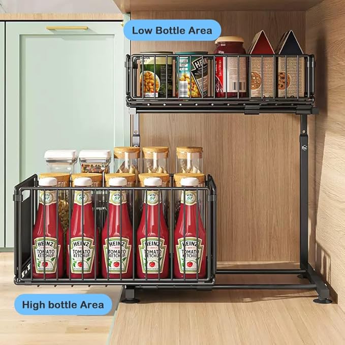 Under Sink Organizer with Adjustable Height, 2 Tier Pull Out Cabinet Design, Sliding Sink Shelf for Enhanced Storage Capacity, Counter Organizer Storage for Kitchen & Bathroom, Black, 2 Pack