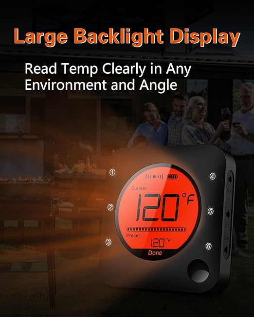 BFOUR Wireless Grill Thermometer, Bluetooth Meat Thermometer, Digital BBQ Meat Thermometer for Grilling Smoker Oven, Smart APP Alarm Monitor Instant Read with 4 Stainless Steel Probes