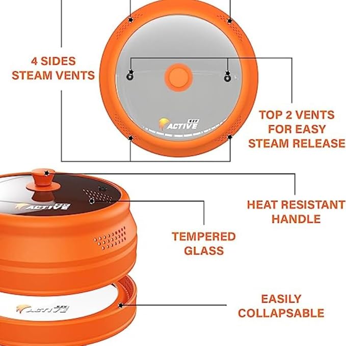 Collapsible Microwave Cover for Food - Silicone and Glass Splatter Guard Lid for 6-12 inch Plates & Bowls, Dishwasher Safe, Heat Resistant, BPA-Free, Orange