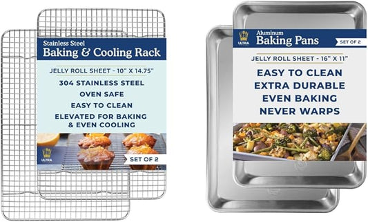 Ultra Cuisine Stainless Steel Jelly Roll Sheet Cooling Rack Set & Aluminum Baking Pan Set - Professional Quality, Fits Jelly Roll Sheet Pans - Cookie Sheet for Baking - 10"x14.75" Rack, 16"x11" Pan