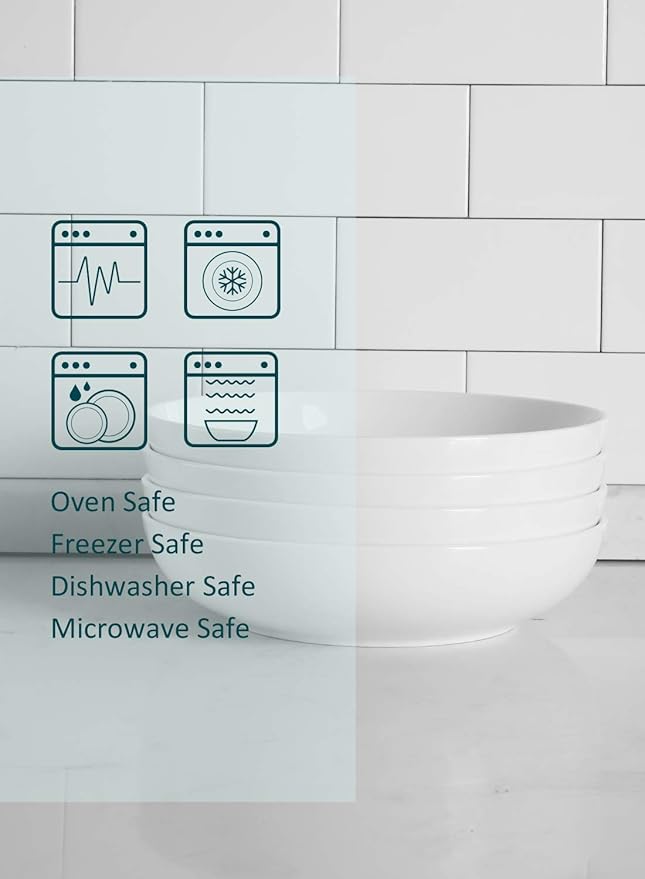 Teocera Pasta Bowls, Large Salad Bowls, Porcelain Bowl Set, Wide and Shallow, Microwave and Dishwasher Safe, 35 Ounce - Set of 4, White